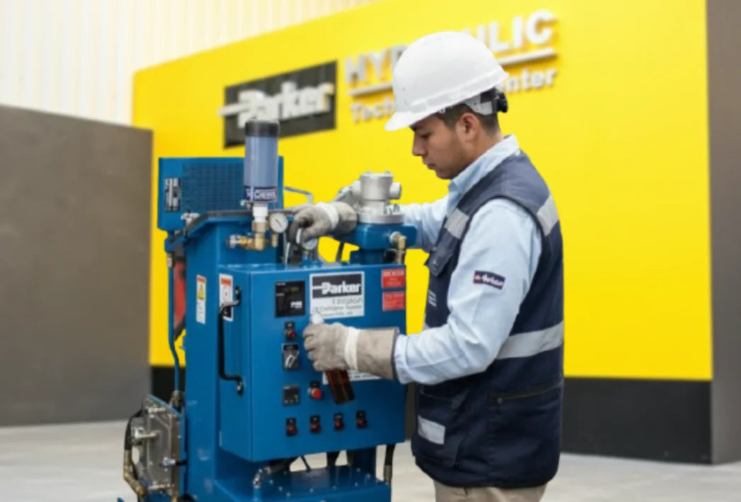 Técnico de Xaguar Automation con guantes verificar la deshidratación de aceite hidráulico