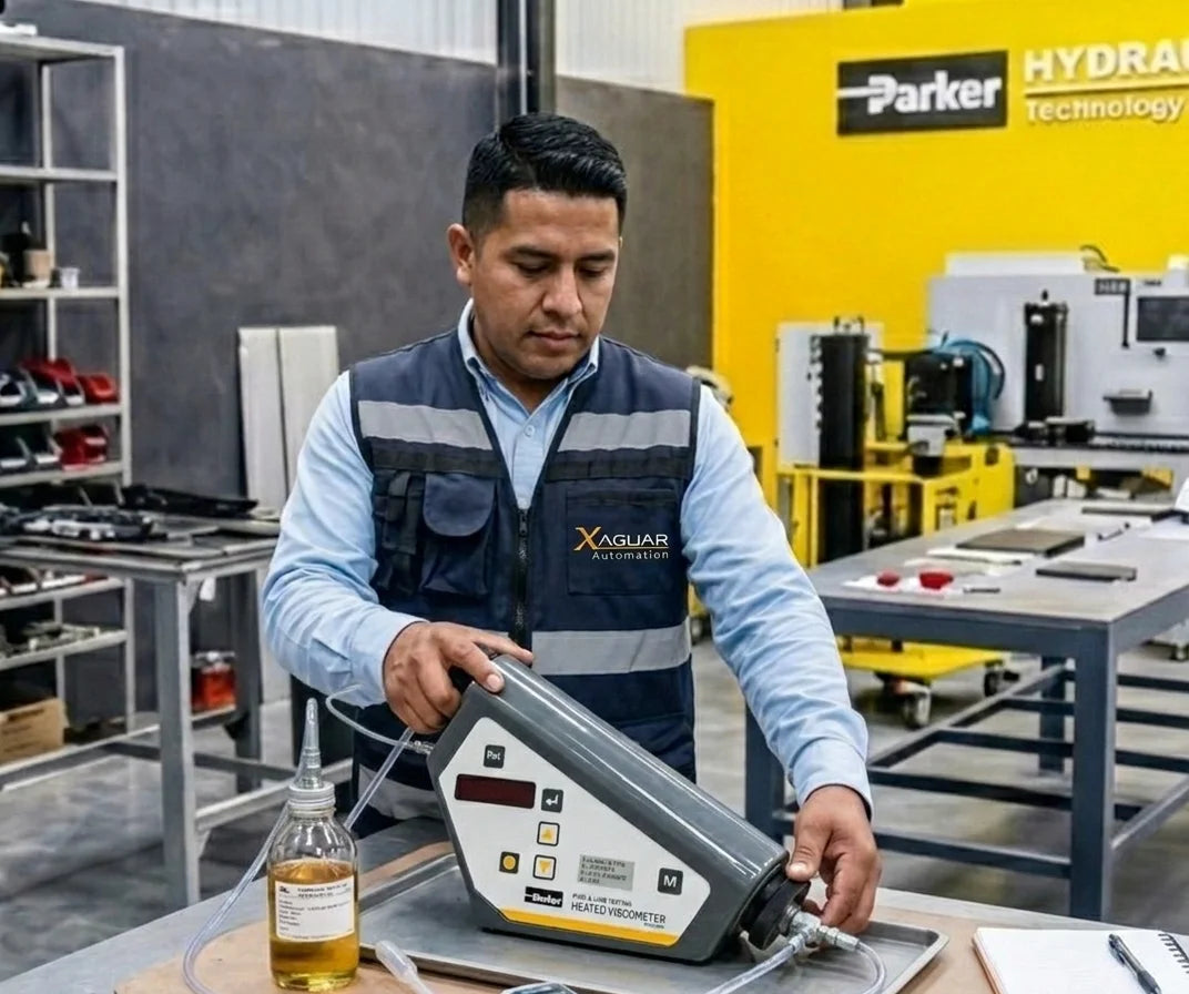 Técnico de Xaguar Automation extrae fluido para un análisis de aceite preciso sobre una mesa de trabajo