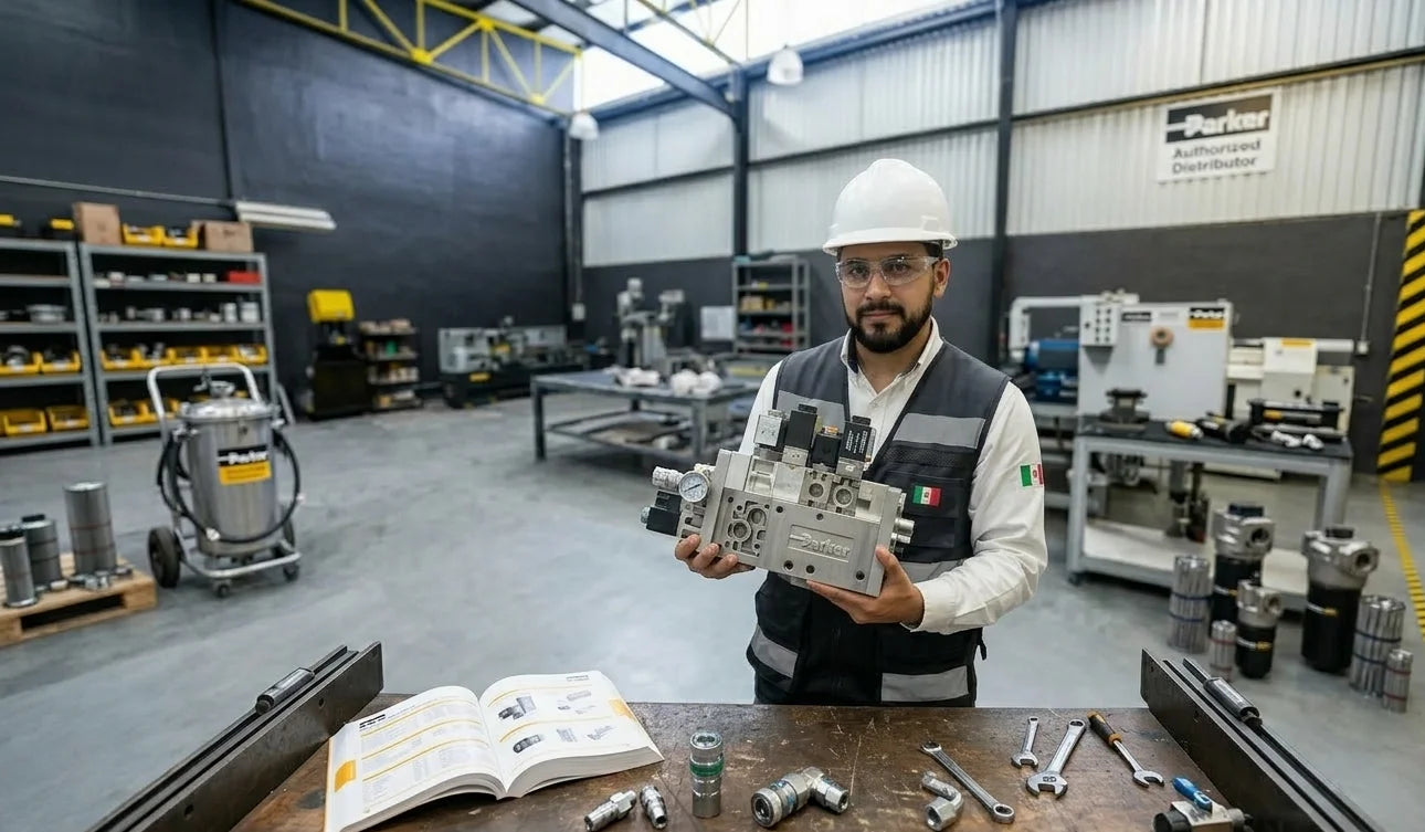 Ingeniero de un distribuidor Parker Toluca especializado en hidráulica y sistemas de automatización en taller
