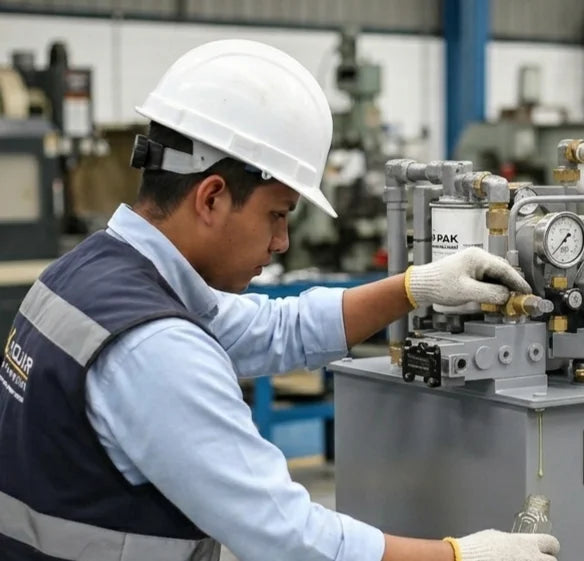 Personal experto de Xaguar frente a una unidad hidráulica de alta capacidad para su instalación como parte de servicios de hidráulica