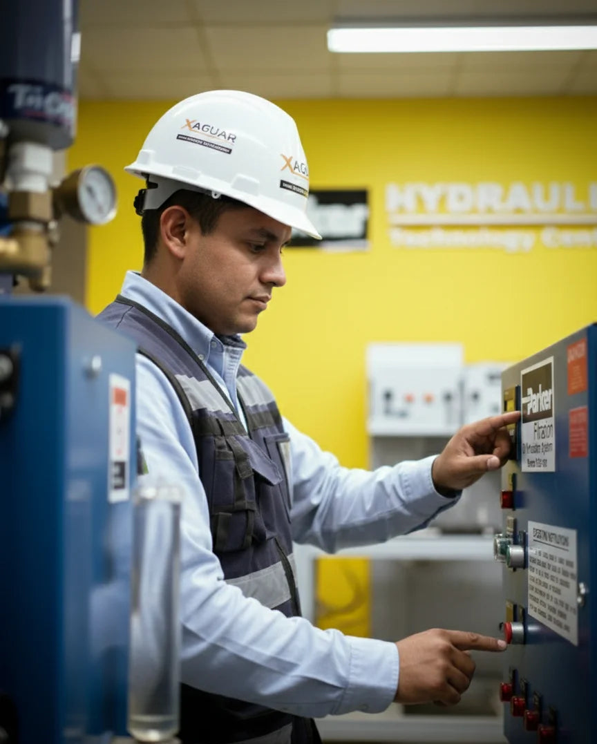 Técnico de Xaguar Automation con casco hace el proceso de deshidratación de aceite 
