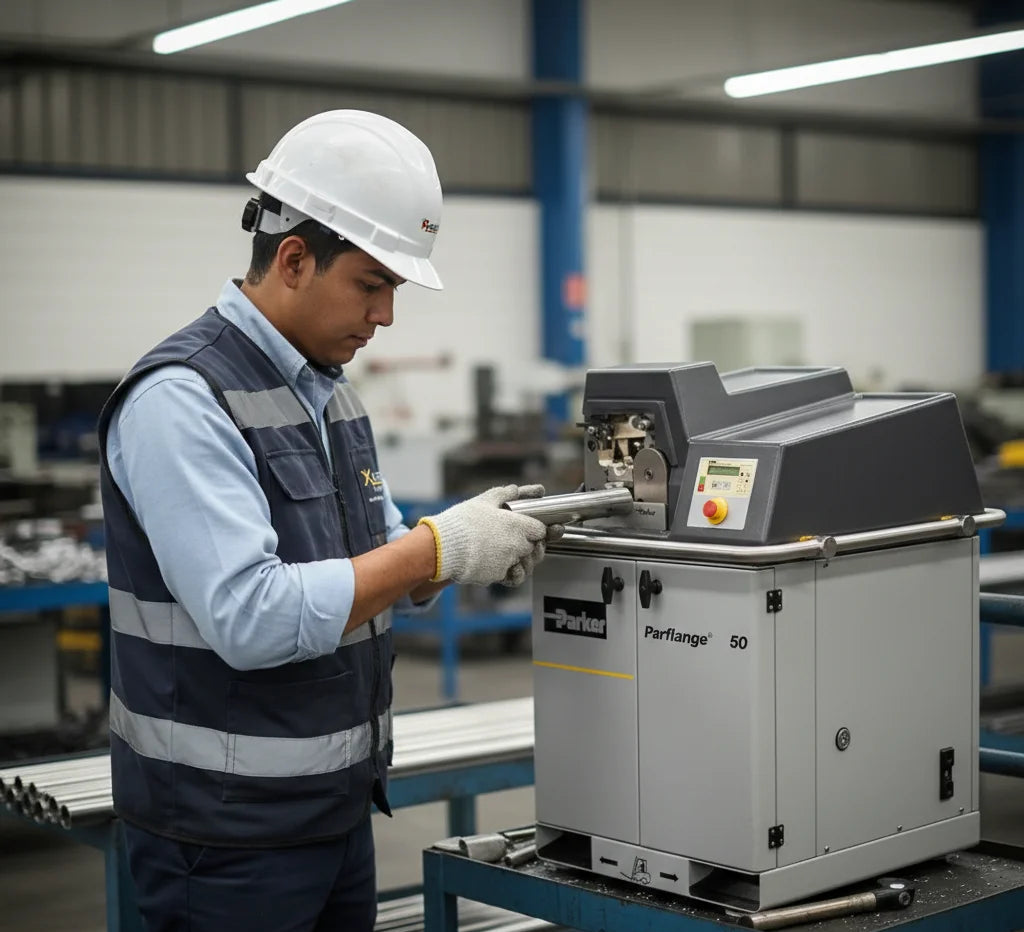 Técnico de Xaguar Automation con casco y guantes de protección manipula un tubo para el avellanado de tubo en una máquina gris