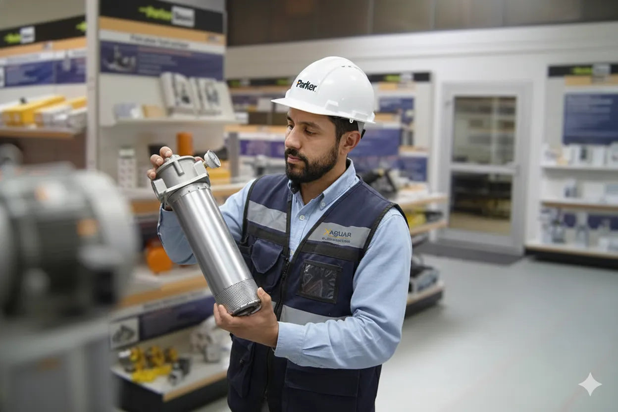 Primer plano de un ingeniero examinando un cuerpo de filtro cilíndrico de metal antes de su instalación en un sistema de filtración de aceite.