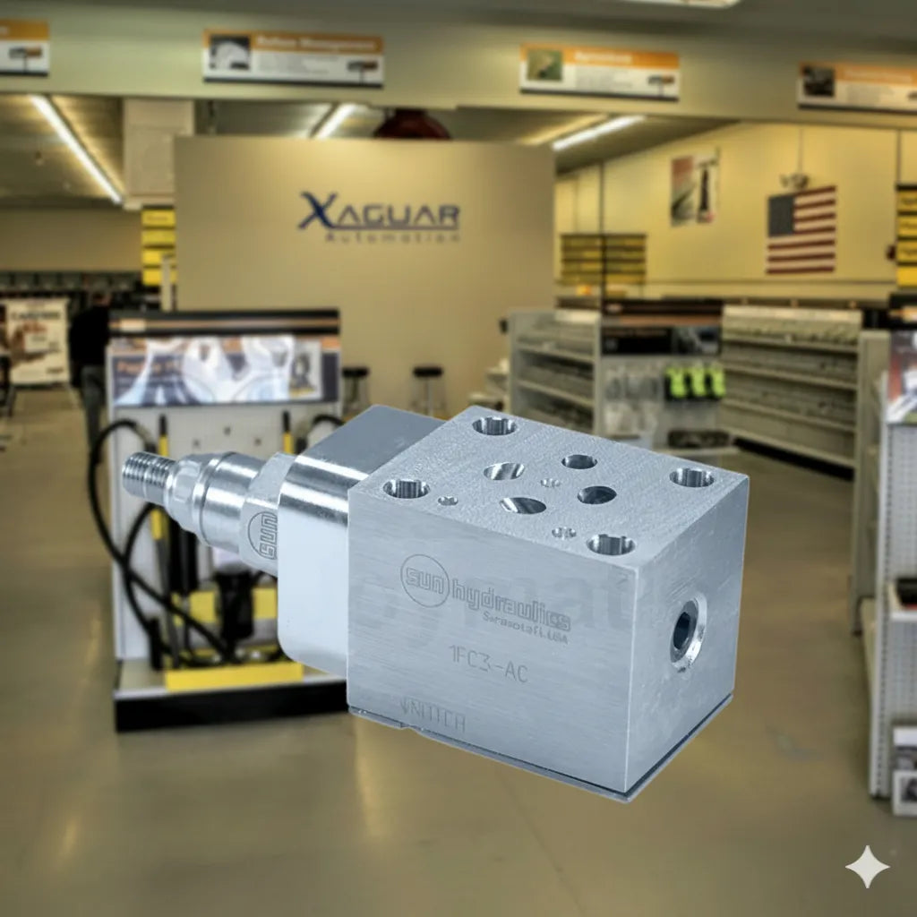 Cuatro válvulas neumáticas angulares de metal flotando en un almacén o tienda Parker para sistemas de automatización industrial