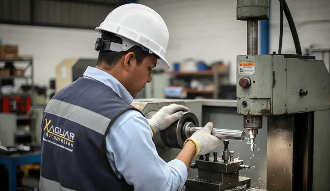 Técnico de Xaguar Automation realiza el avellanado de tubo de cobre en un torno