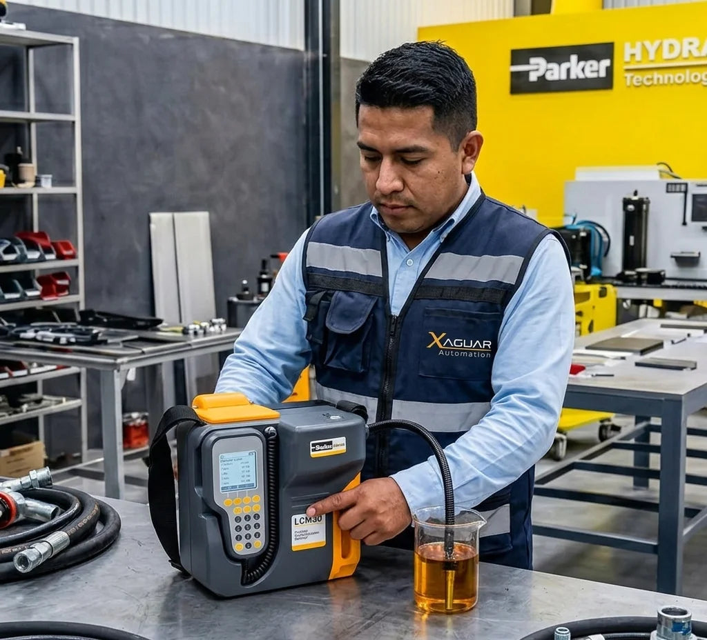 Un experto de Xaguar automation examina una muestra de análisis de aceite en un frasco de vidrio