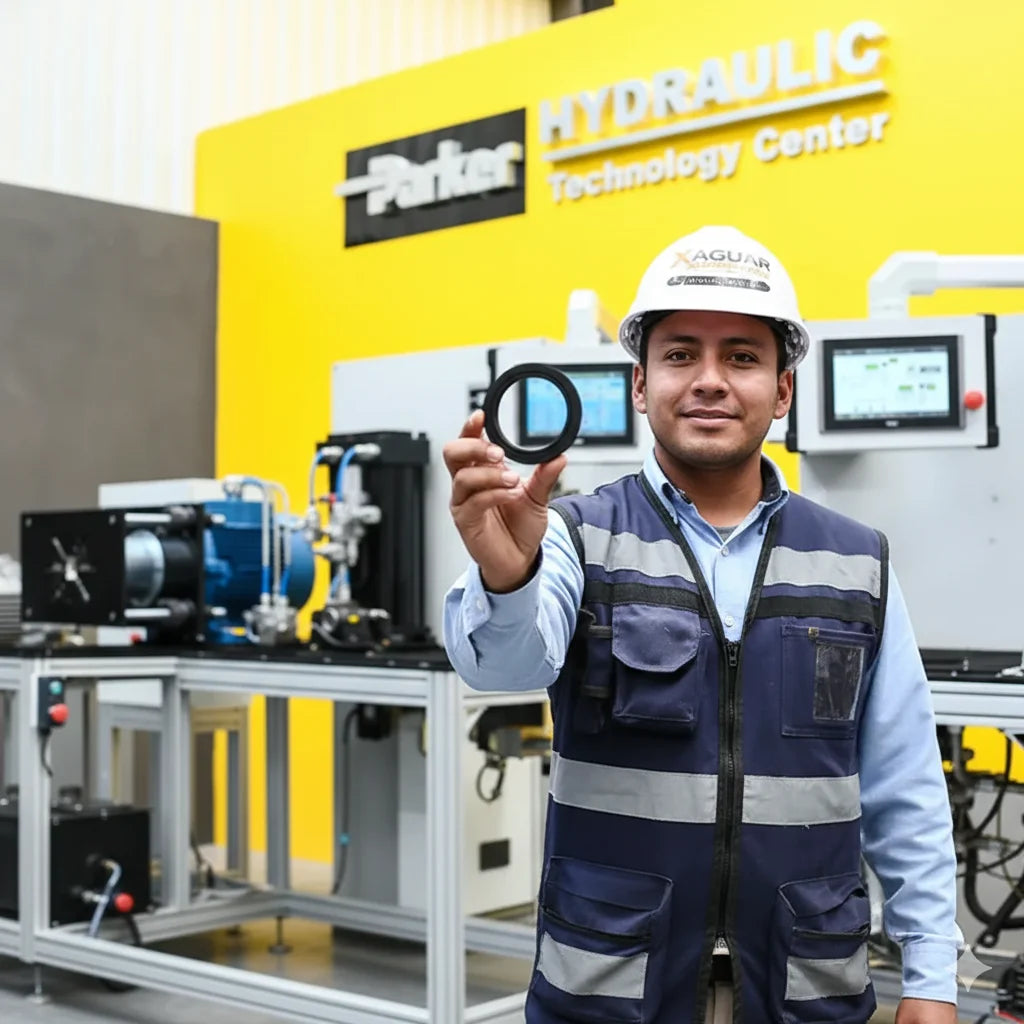 Operario con casco blanco sostiene un sello circular negro en una planta de fabricación de sellos de precisión