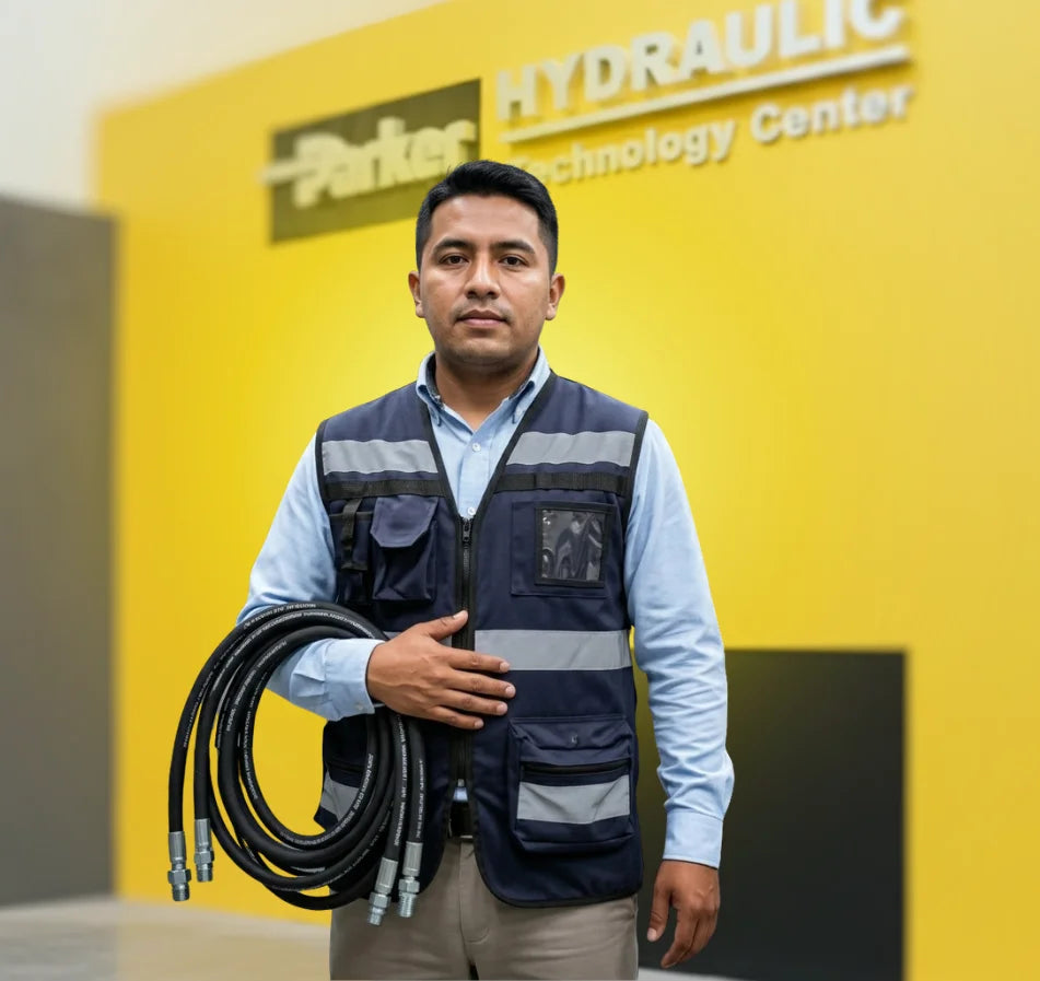 Un técnico especializado brinda servicios de hidráulica, sostiene dos mangueras hidráulicas en el brazo