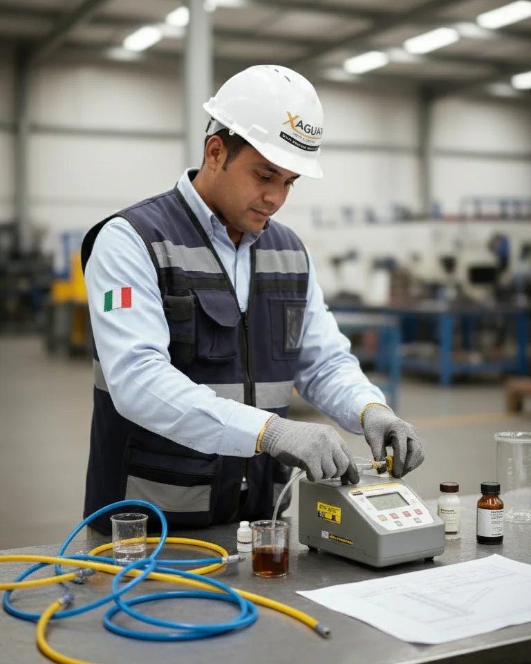 Especialista de Xaguar Automation ejecutando un riguroso análisis de aceite para verificar la viscosidad y pureza