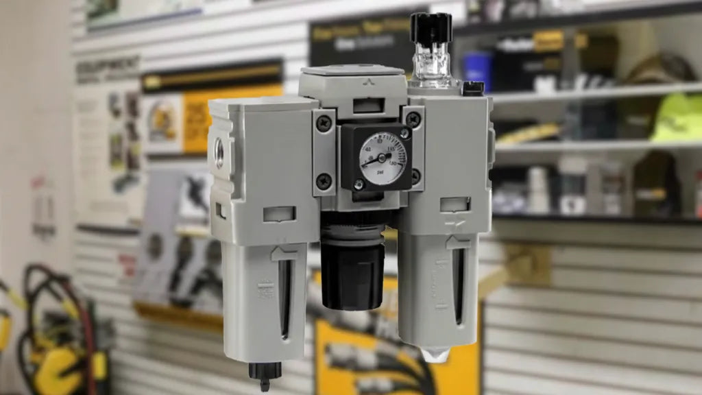 Componente modular de filtro regulador y lubricador FRL para acondicionamiento del aire que alimenta los sistemas neumáticos.